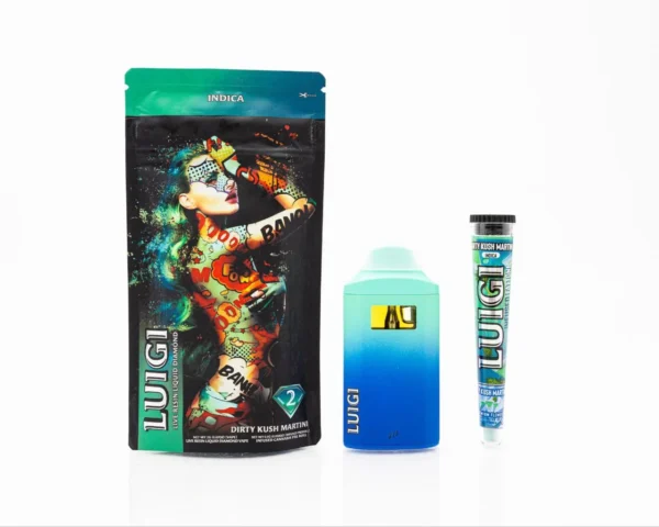 luigi dirty kush martini, dirty kush martini vape, luigi herbal citrus disposable, kush martini disposable, earthy citrus vape flavor, 6000 puff herbal vape, smooth kush flavored disposable, luigi series 3 martini flavor, no thc kush vape, 5% nicotine salt disposable, non-rechargeable vape pen, draw-activated hybrid vape, Luigi Dirty Kush Martini disposable vape - herbal citrus hybrid